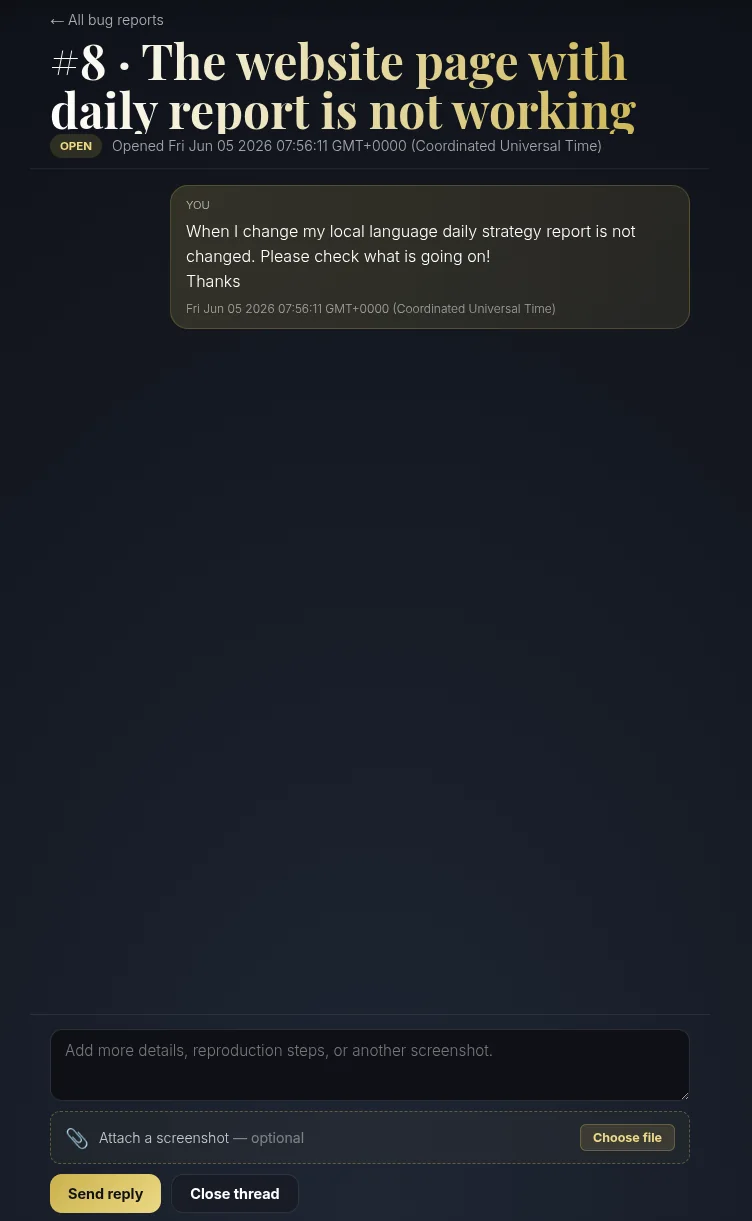 Un fil de signalement de bug : un échange avec l'équipe support