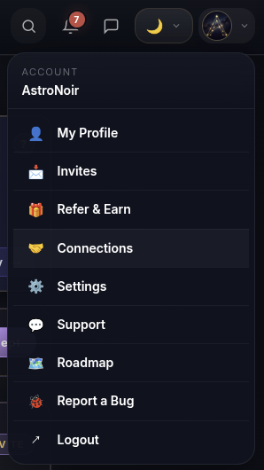 Il menu account — apri Connessioni