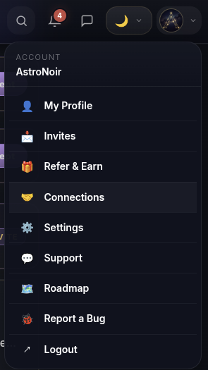 Il menu account — apri Connessioni