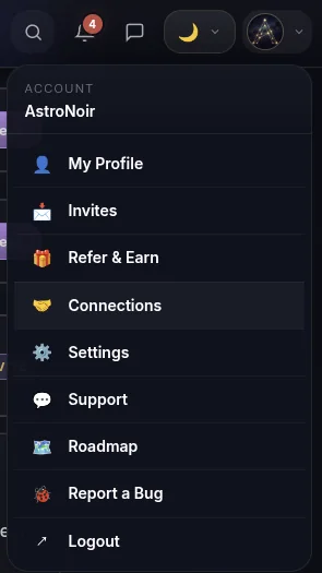Il menu account — apri Connessioni