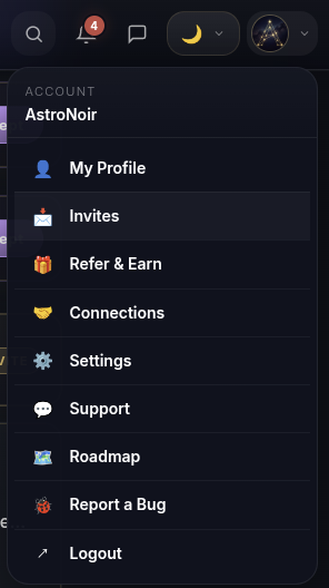 Il menu account — apri Inviti