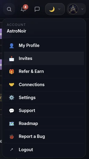 Il menu account — apri Inviti