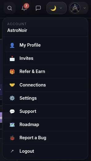 Il menu dell'account — apri Connessioni