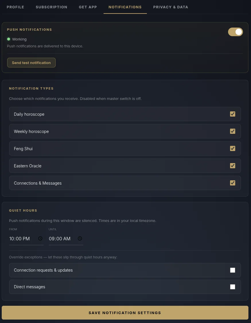 Teste le push, choisis les types de notifications et règle les heures de silence