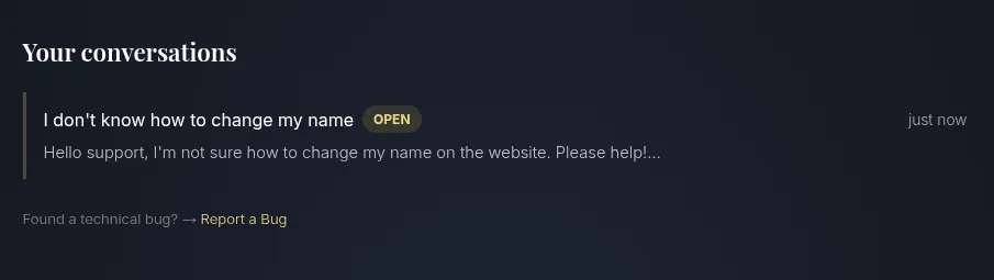 Tes fils de conversation du support, sous le formulaire